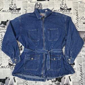 Bill Blass dark wash denim jean jacket vintage 80s cinched flared plus size belt